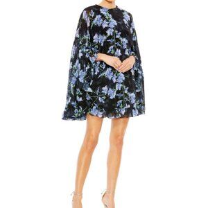 Ieena Mac Duggal Black Multi Floral Ruffle Cape Minidress